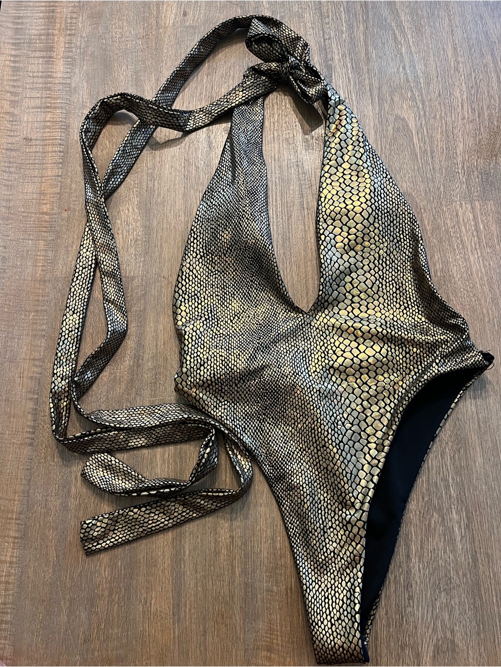 Gold Snake-Print Plunging Neck Line One-Piece Swimsuit